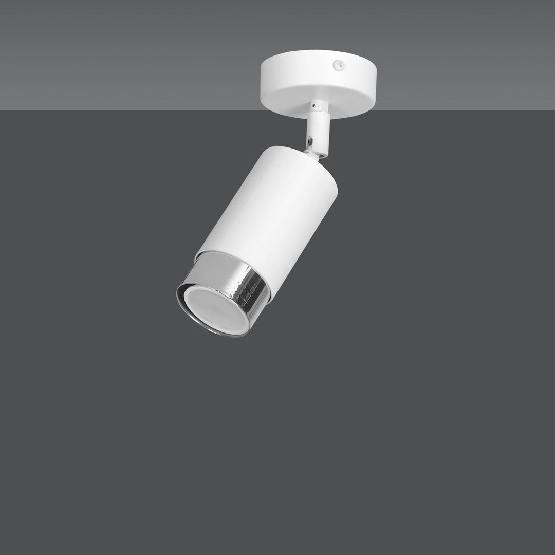 Même spot sur fond gris, cylindre blanc et articulation orientable bien visibles