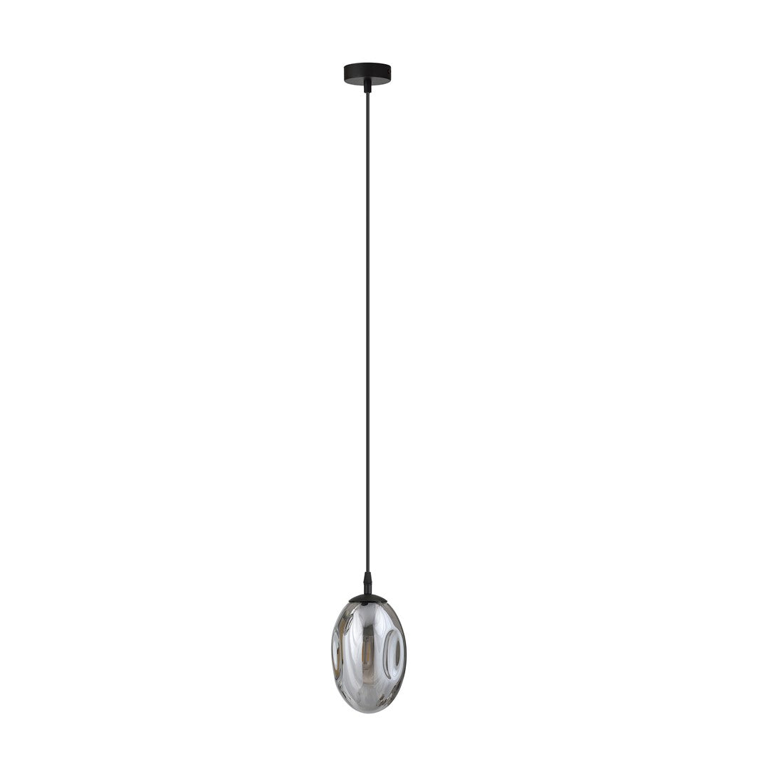 Luminaire isolé vu de face, verre graphite ovale et ampoule allumée