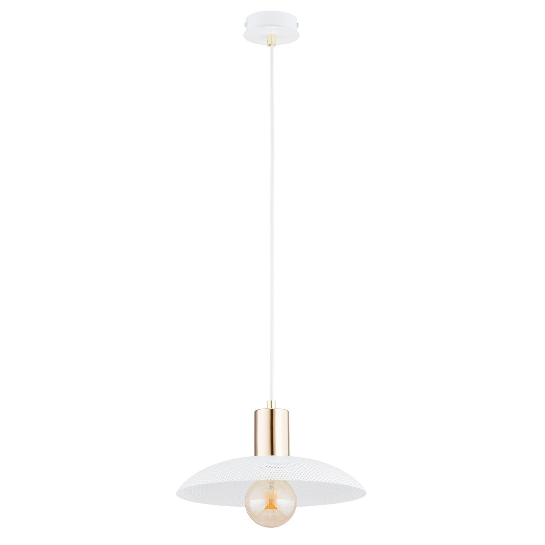 Luminaire vu de trois quarts montrant le câble blanc et la douille dorée
