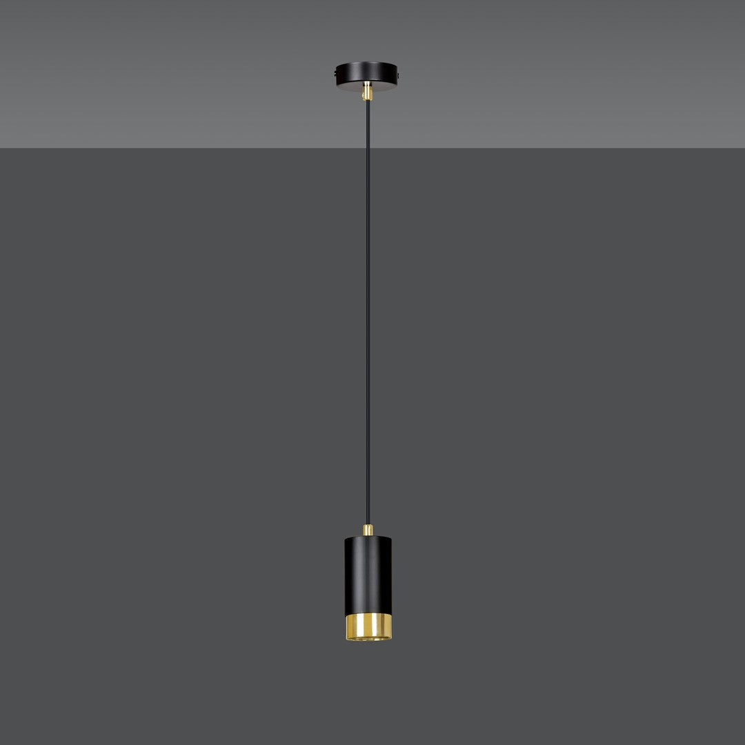 Vue d'ensemble du luminaire suspendu sur fond gris anthracite, silhouette complète de profil.