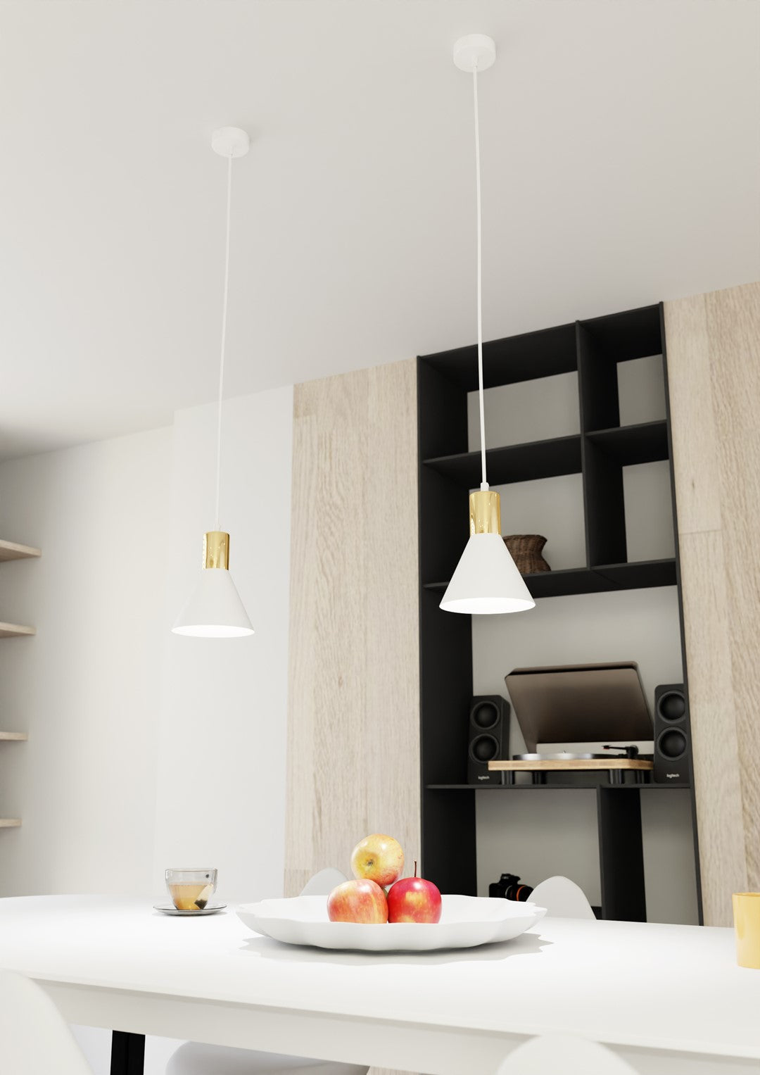 Deux suspensions coniques blanches éclairant une table dressée dans un intérieur moderne
