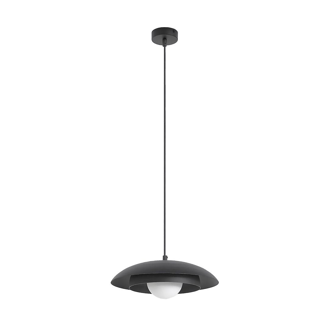 Luminaire entier de face sur fond blanc, câble et rosace visibles