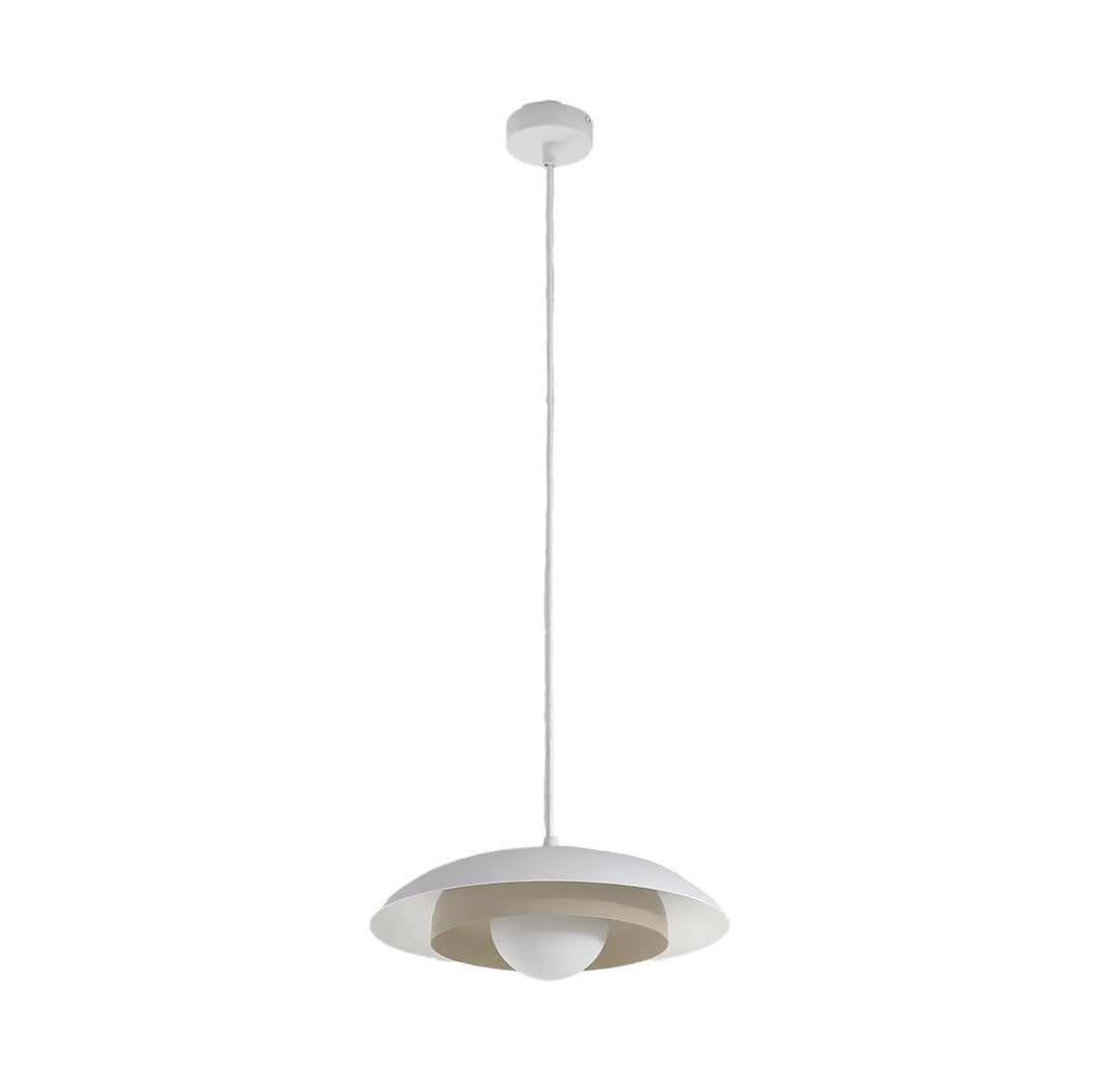 Produit entier sur fond blanc, câble fin et rosace de plafond apparents
