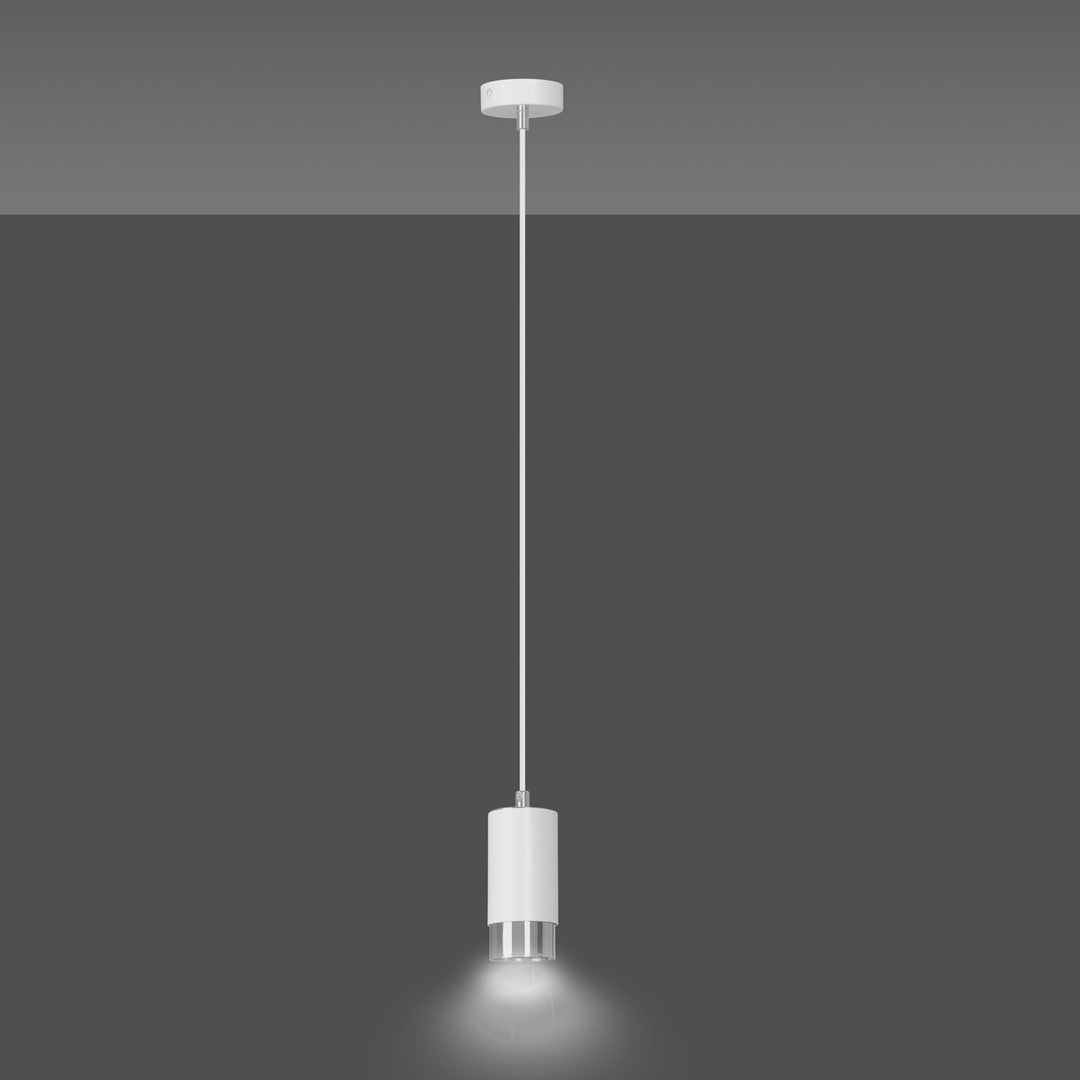 Même suspension allumée projetant un halo lumineux vers le bas, fond gris foncé uni.