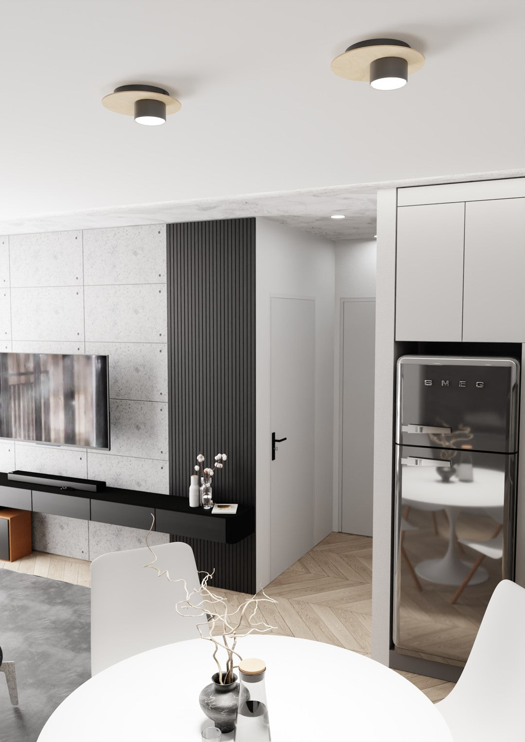 Mise en ambiance, deux plafonniers fixés au plafond d'un séjour contemporain.