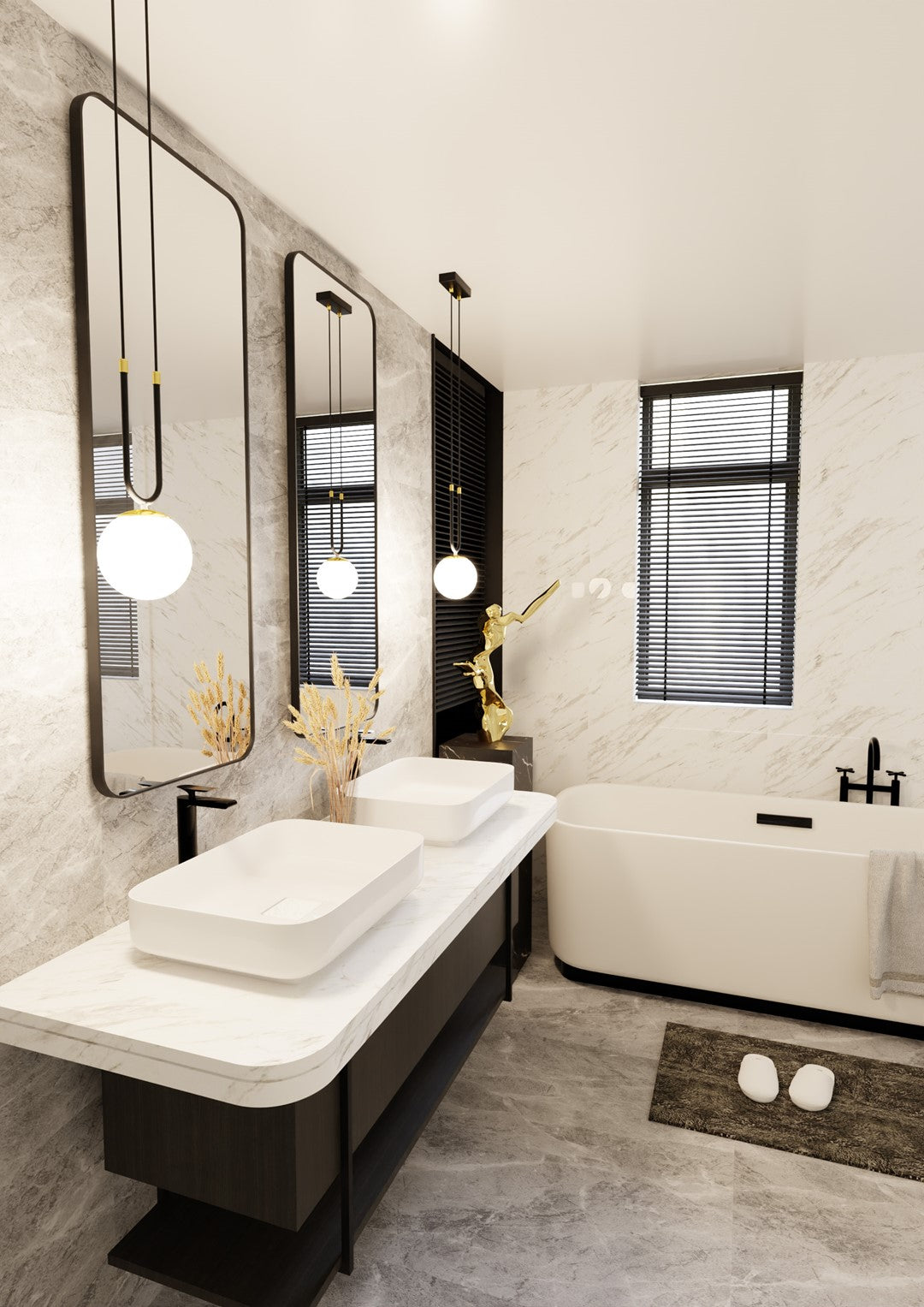 Mise en ambiance salle de bain, deux suspensions au-dessus des vasques et baignoire