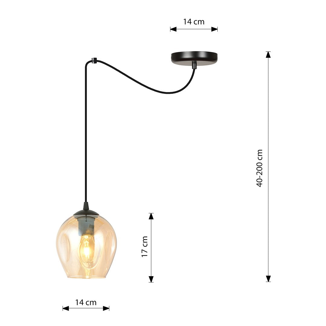 Schéma coté du luminaire : rosace 14 cm, verre 17 cm, hauteur réglable 40 à 200 cm