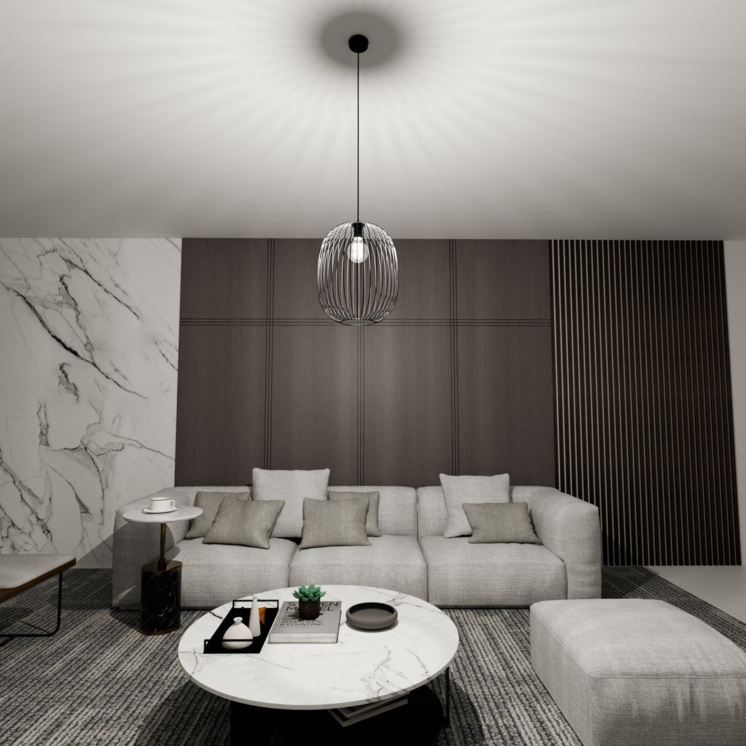Vue en plongée du salon, suspension noire allumée, éclairage diffusé au plafond.