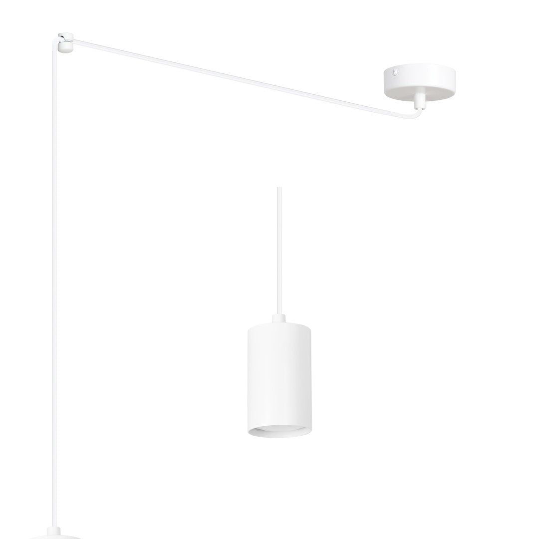 Détail du cylindre blanc et de la coupelle, vue rapprochée de la suspension.