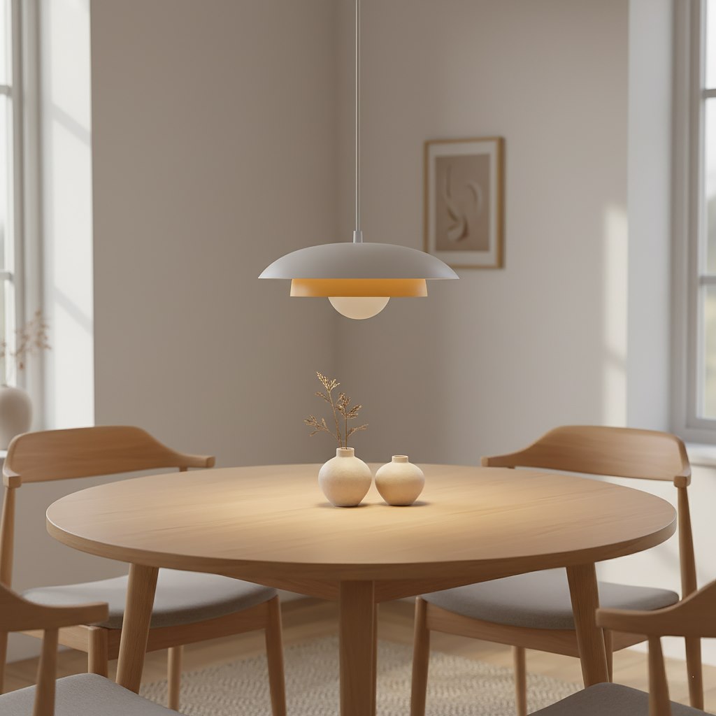 Mise en ambiance au-dessus d'une table ronde en bois dans une salle à manger