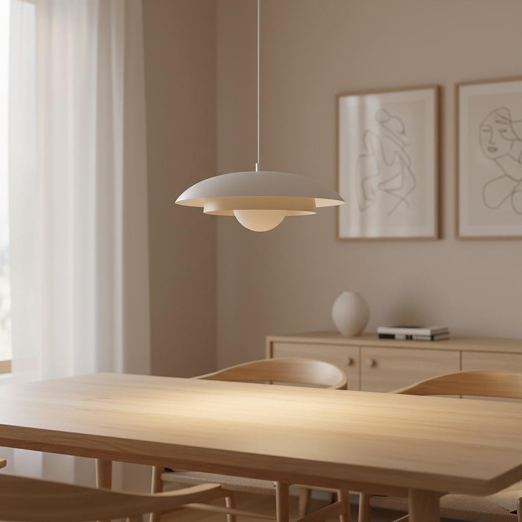 Mise en ambiance au-dessus d'une table en bois dans une salle à manger claire