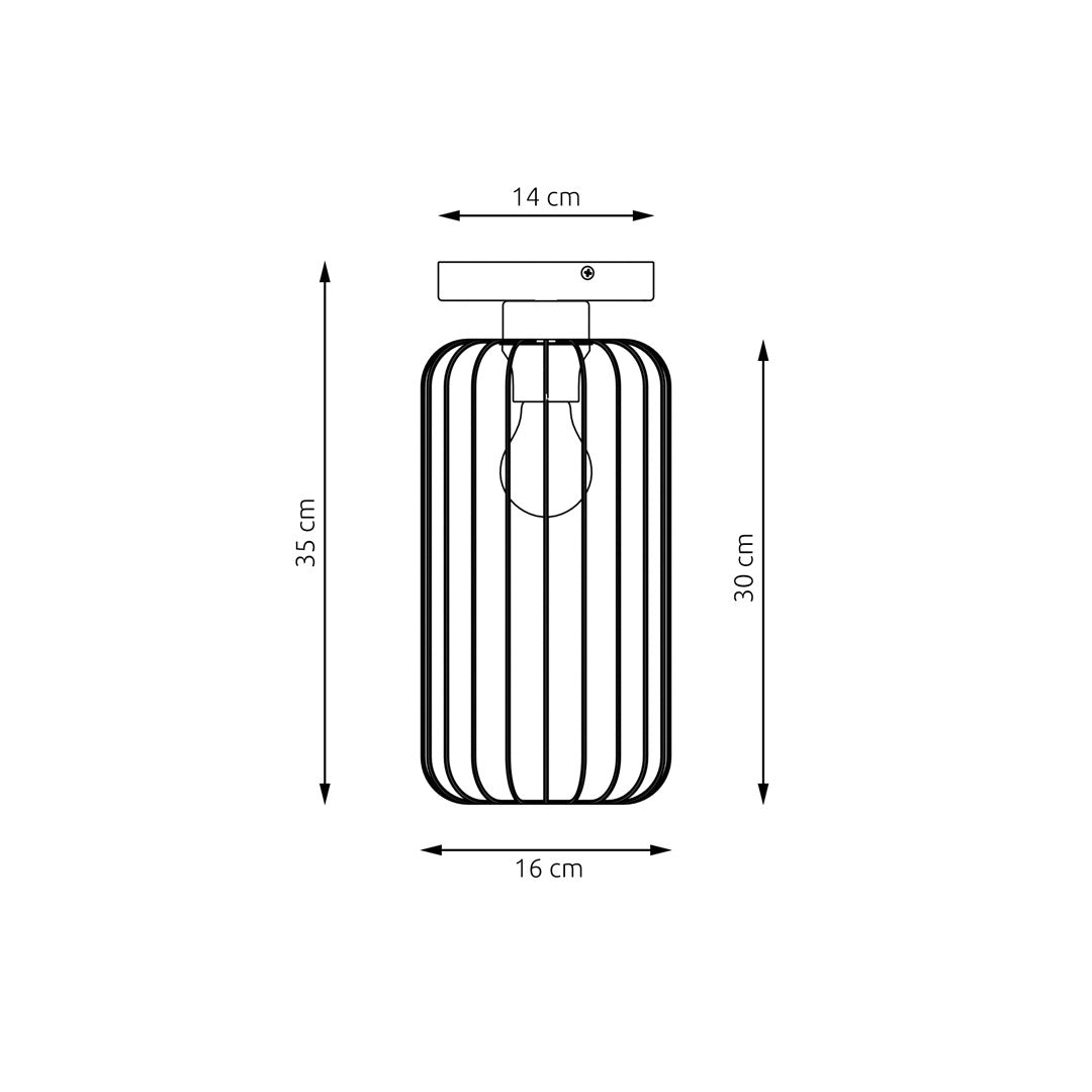 Schéma coté du plafonnier avec base de 14 cm, hauteur 35 cm et cage de 30 cm