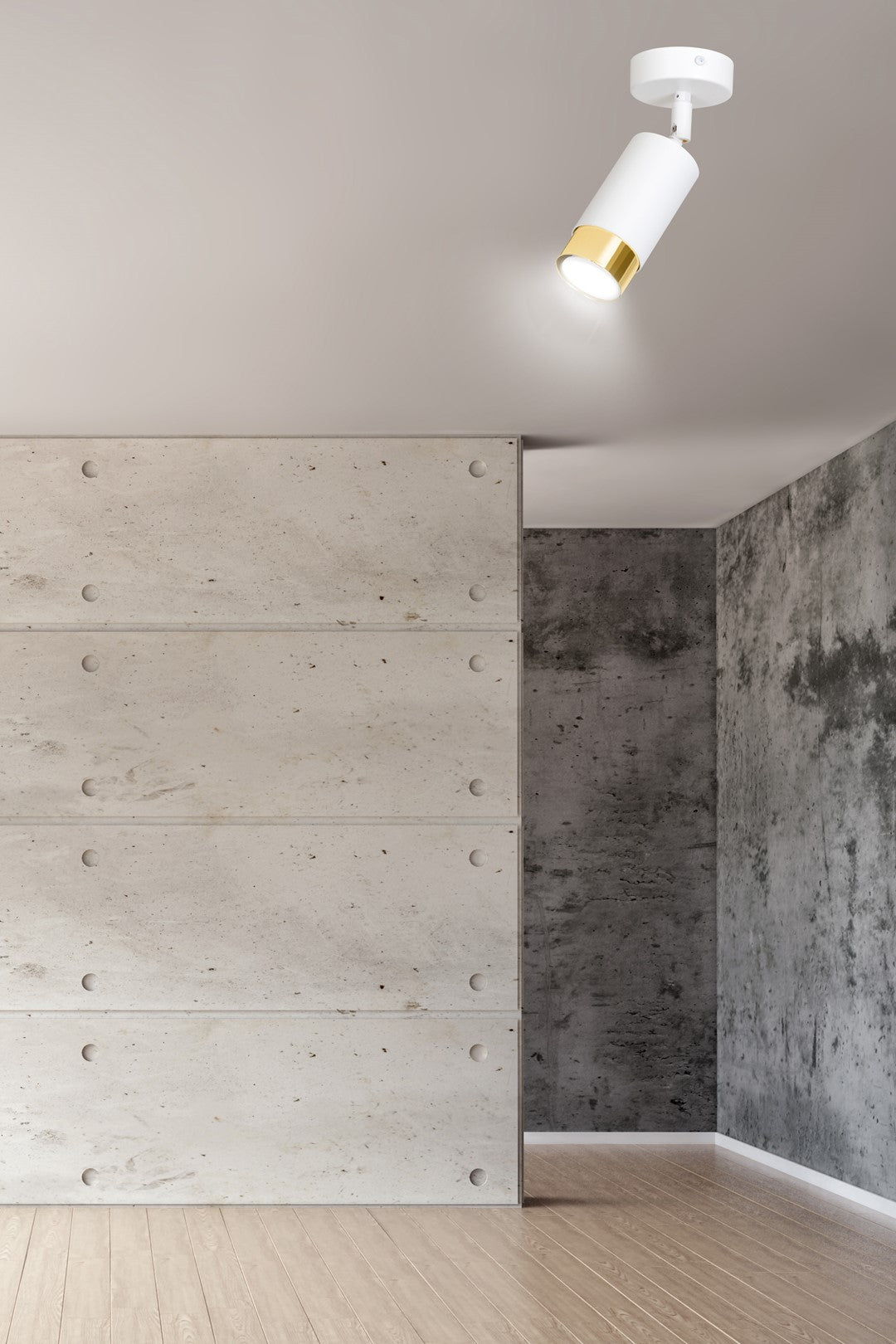 Mise en ambiance dans un intérieur béton, spot fixé au plafond blanc