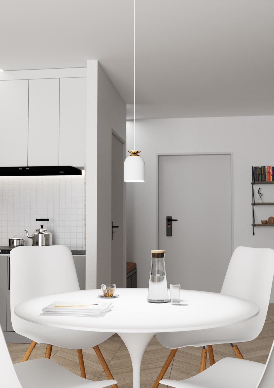 Vue large d'un intérieur cuisine et salle à manger avec la suspension