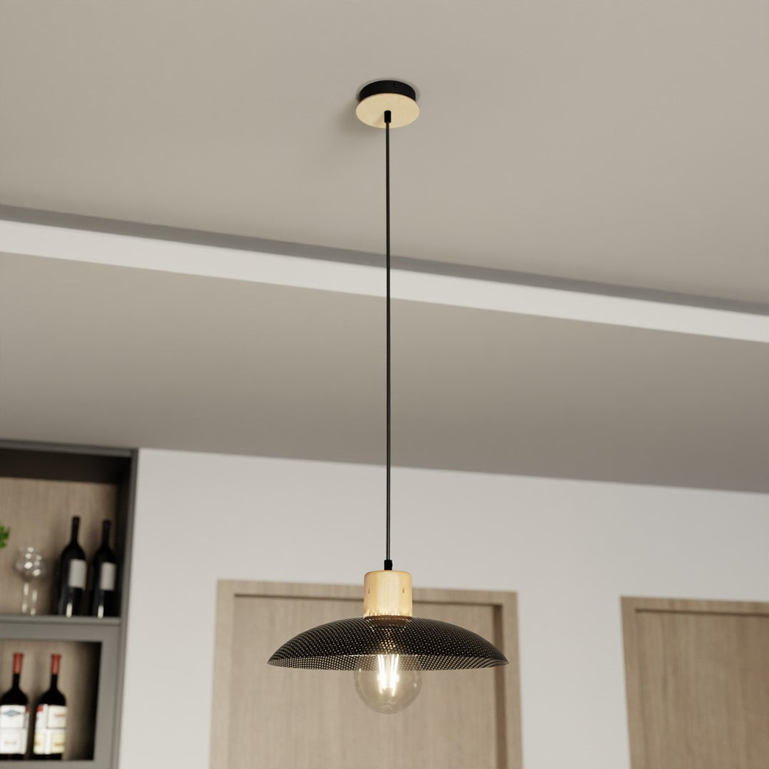 Plan large montrant la suspension fixée au plafond, détail du câble et du socle