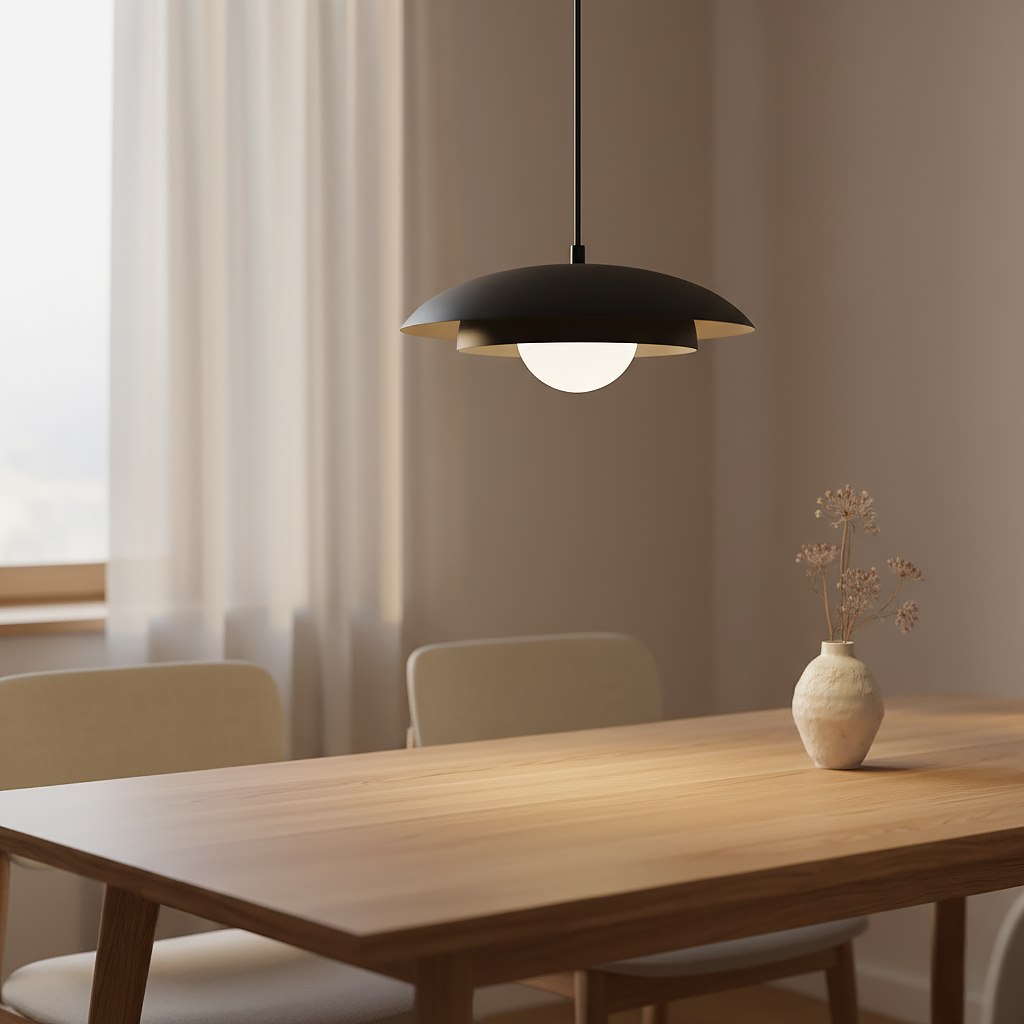 Mise en ambiance au-dessus d'une table à manger en bois clair