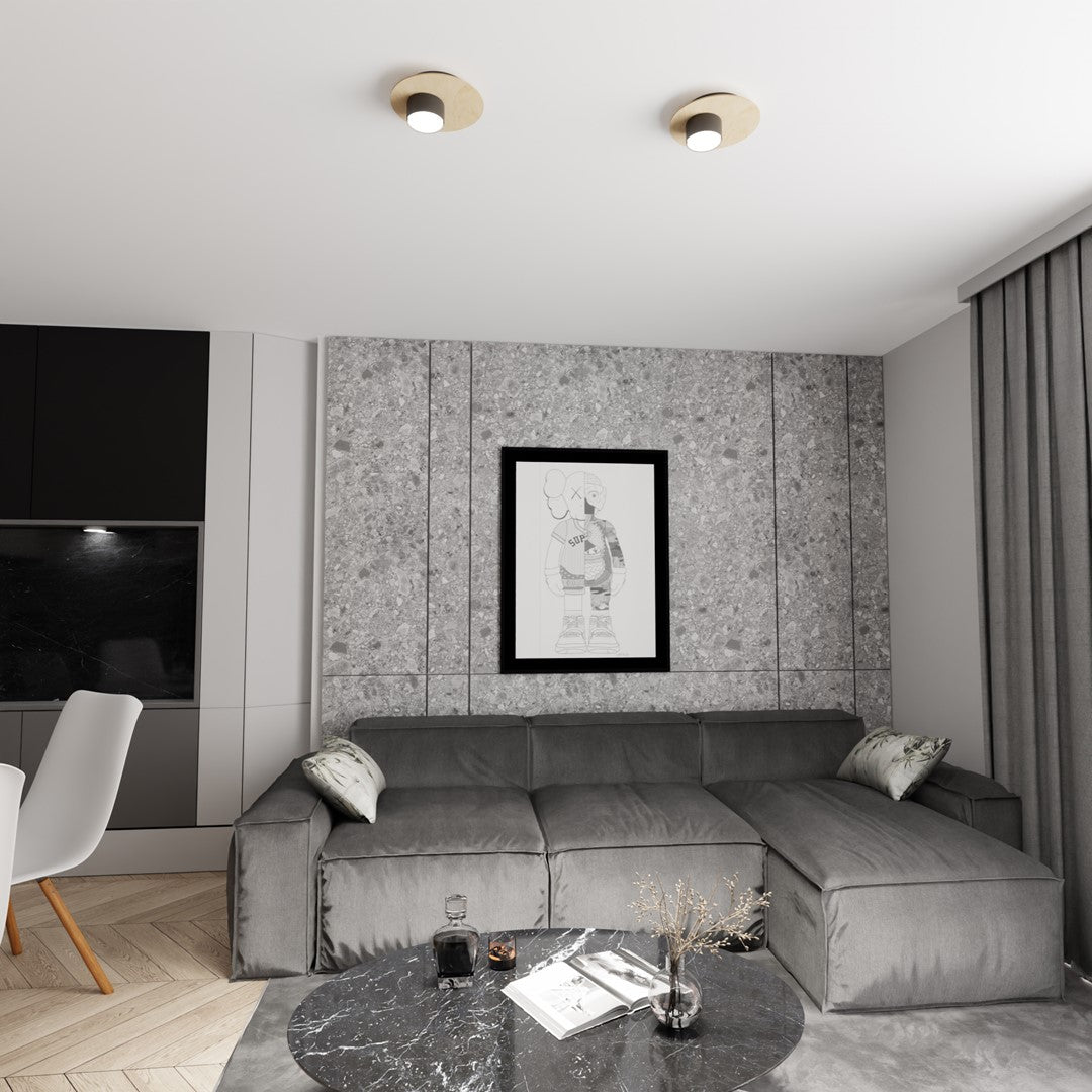 Ambiance salon gris, deux luminaires ronds éclairant le plafond au-dessus du canapé.