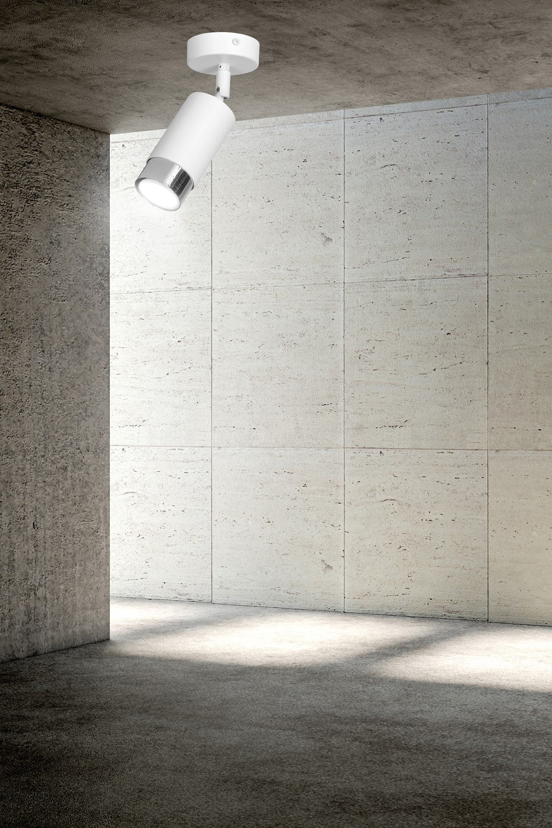 Mise en ambiance : spot fixé au plafond devant un mur de béton brut