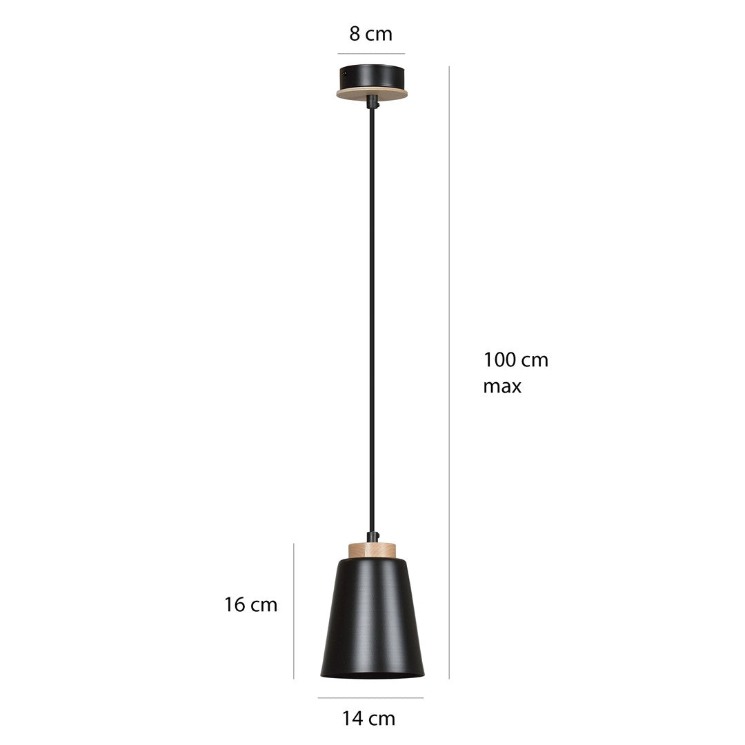 Schéma coté : rosace 8 cm, hauteur abat-jour 16 cm, diamètre 14 cm, câble 100 cm