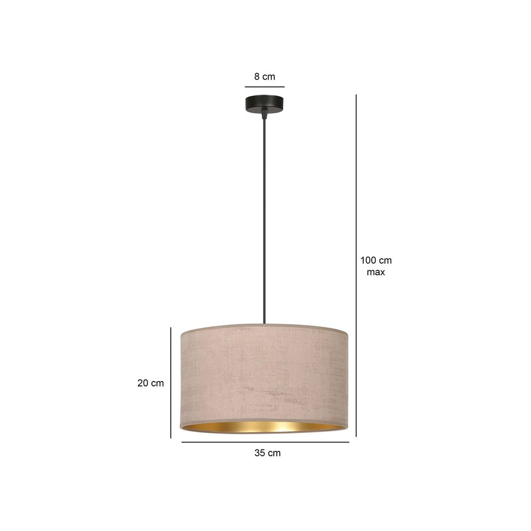 Schéma coté du luminaire : diamètre 35 cm, hauteur 20 cm, chute 100 cm