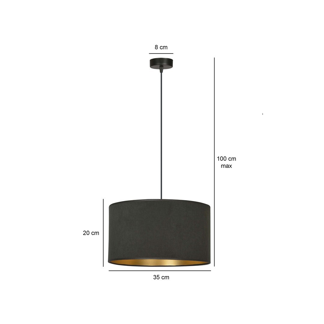 Schéma côté de la suspension : rosace 8 cm, hauteur max 100 cm, abat-jour 35 cm.