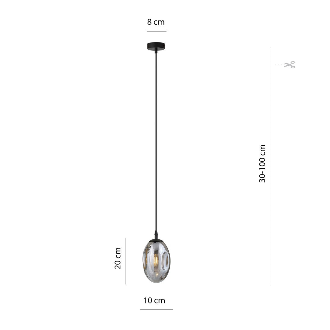 Schéma coté : rosace 8 cm, verre 20 cm, hauteur réglable de 30 à 100 cm