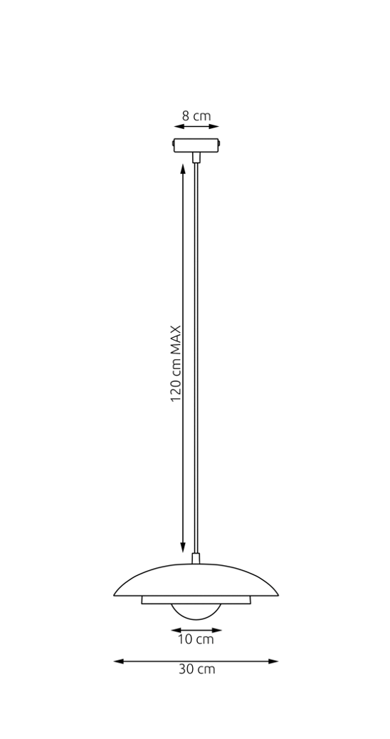 Schéma coté du luminaire : rosace 8 cm, hauteur 120 cm, diamètre 30 cm