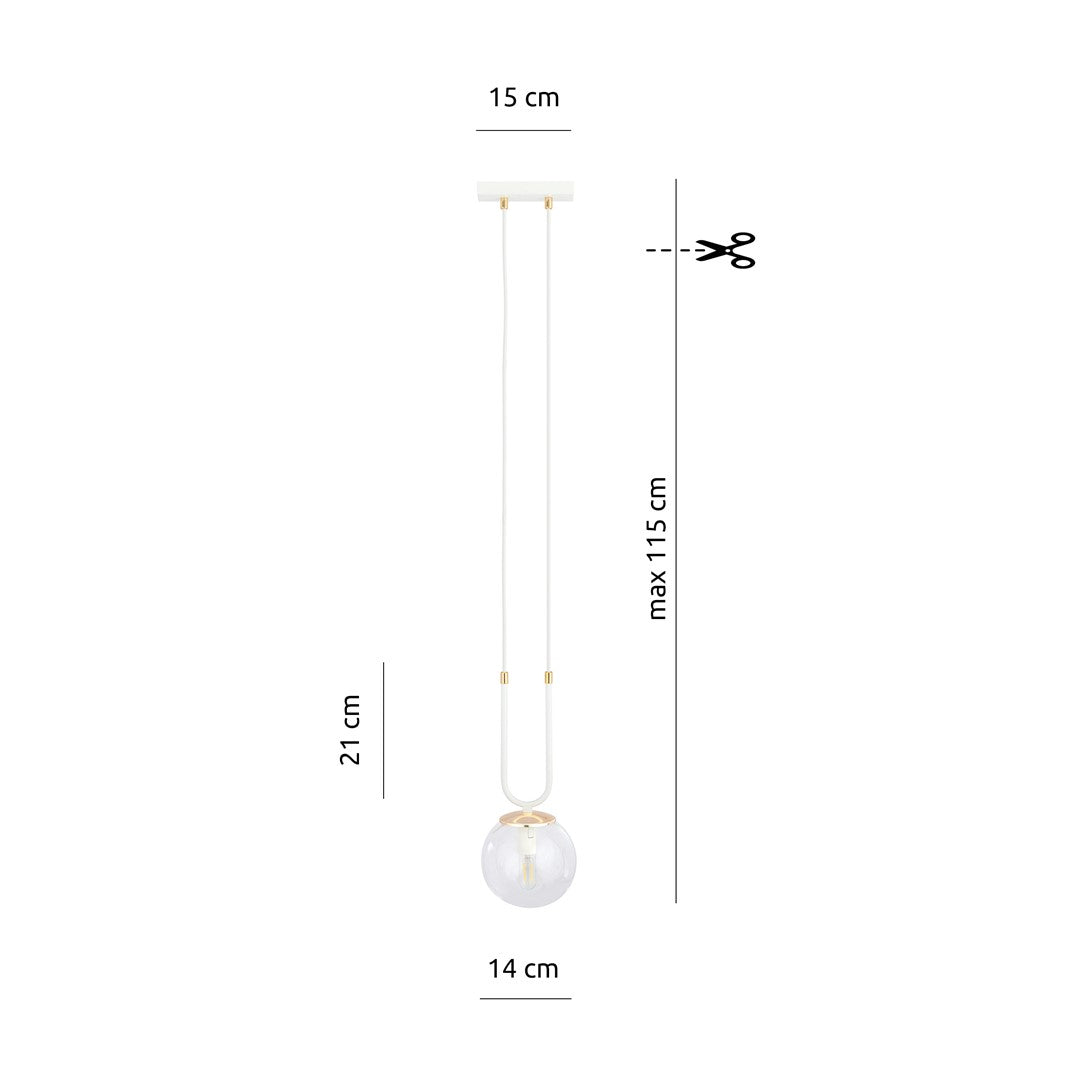 Schéma coté : rosace 15 cm, hauteur réglable max 115 cm, globe 14 cm et 21 cm.