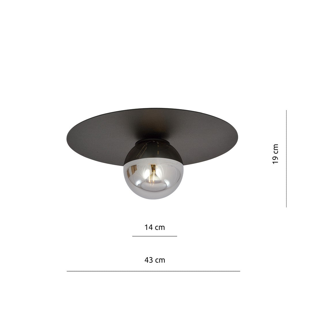 Schéma de dimensions du plafonnier avec diamètre 43 cm, verre 14 cm et hauteur 19 cm.