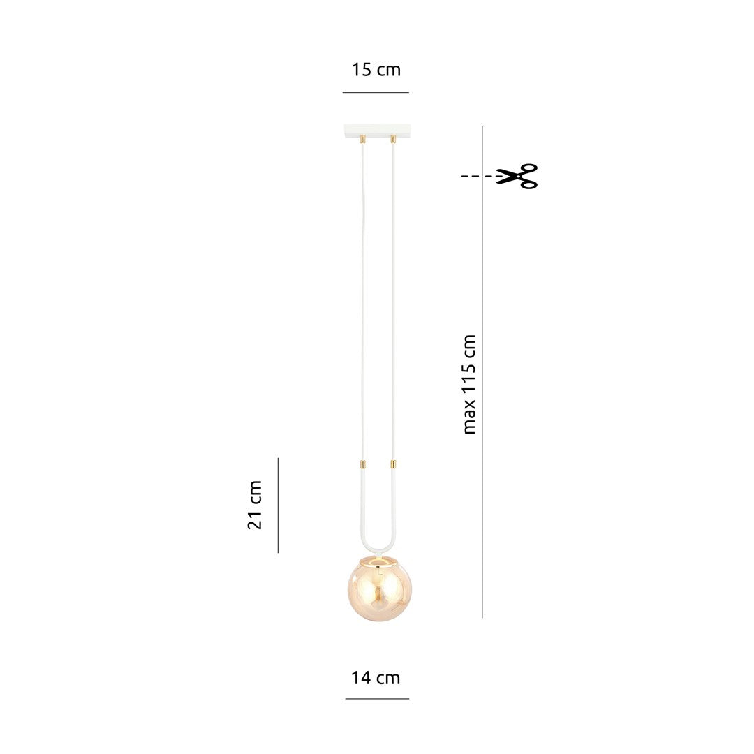 Schéma coté avec base de 15 cm, hauteur maximale 115 cm et globe de 14 cm.