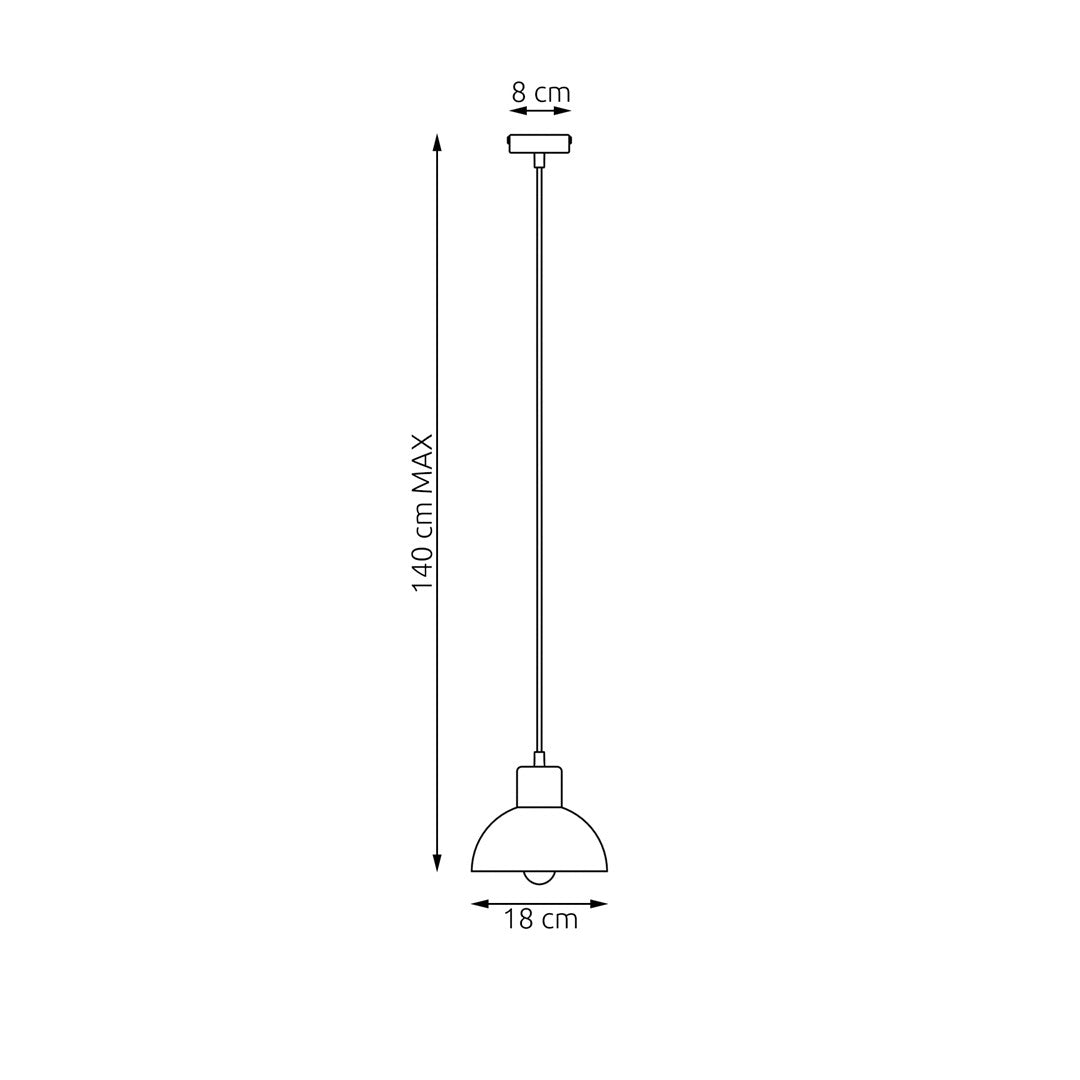 Schéma coté de la suspension, hauteur maximale 140 cm et diamètre 18 cm