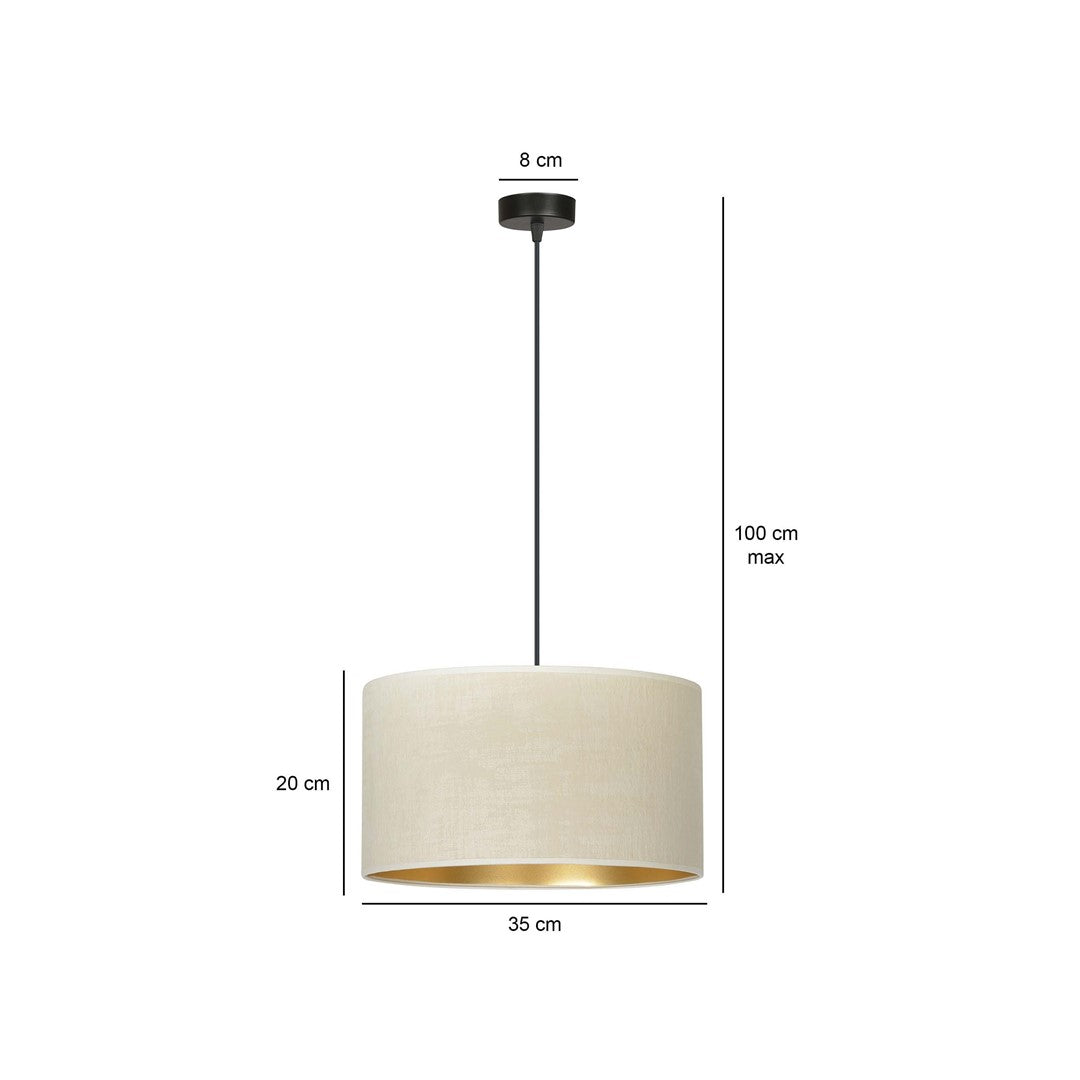Schéma de dimensions du luminaire : hauteur, diamètre de l'abat-jour et base plafond.