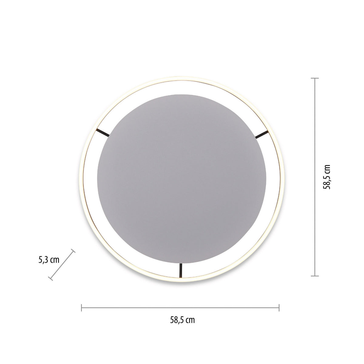 Schéma de dimensions du plafonnier rond : diamètre 58,5 cm et épaisseur 5,3 cm.
