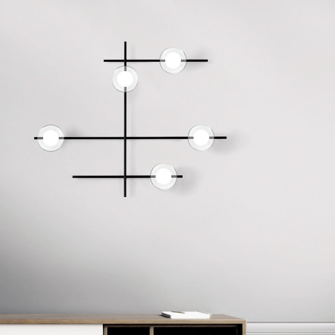 Applique murale Mikado en verre, noir et transparent, 5 lumières