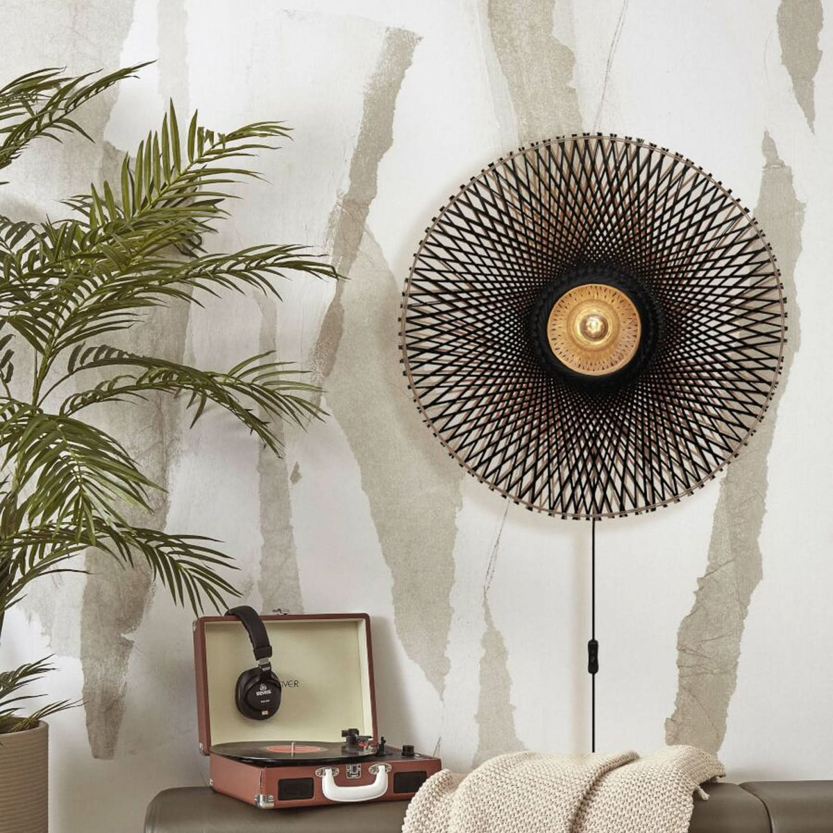 Applique murale Kalimantan Wand en bambou, noir et noir, Ø 87 cm