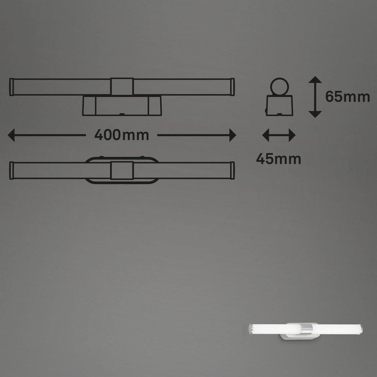 Schéma technique coté de l'applique, largeur 400 mm, hauteur 65 mm et profondeur 45 mm.