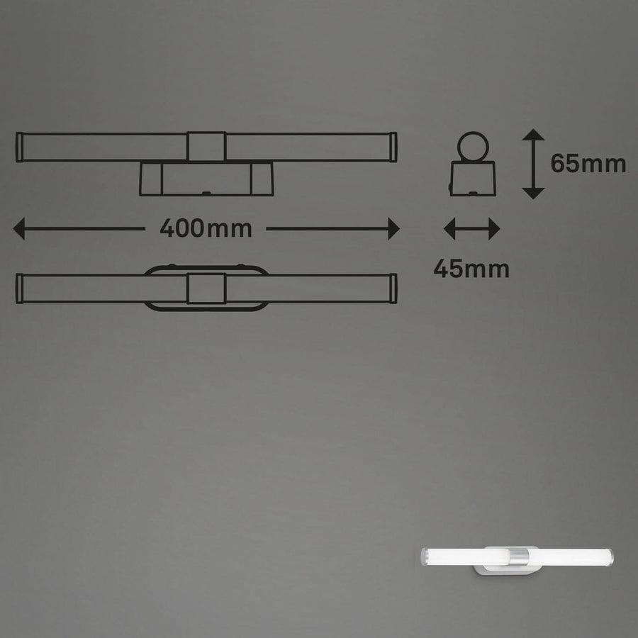 Schéma technique coté de l'applique, largeur 400 mm, hauteur 65 mm et profondeur 45 mm.