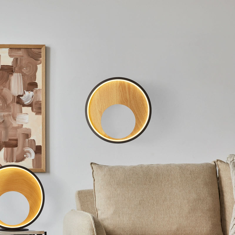 Applique murale LED Curio en acier, bois et noir, hauteur 30 cm