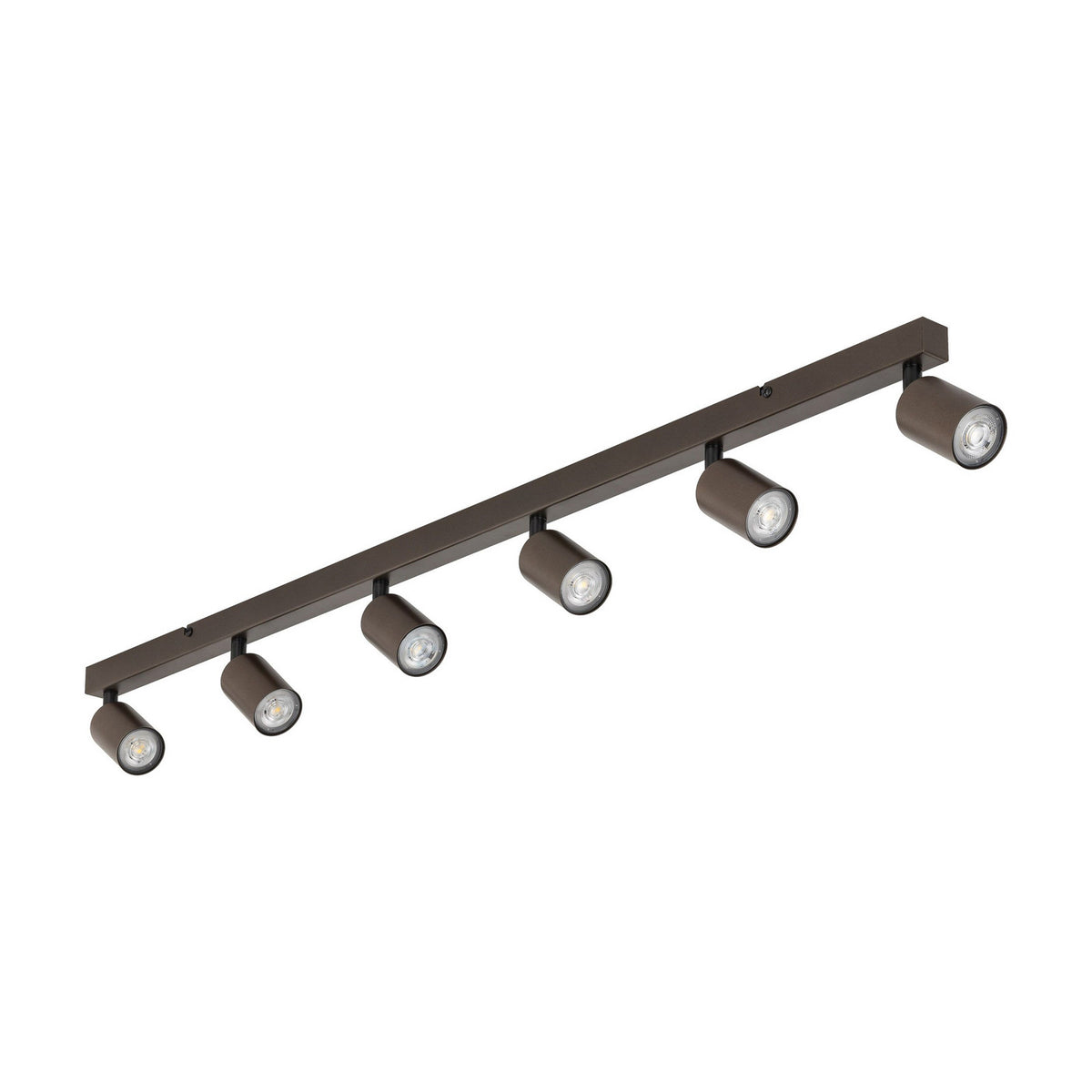 Vue en plongée du luminaire, projecteurs orientables et finition acier marron foncé mat.