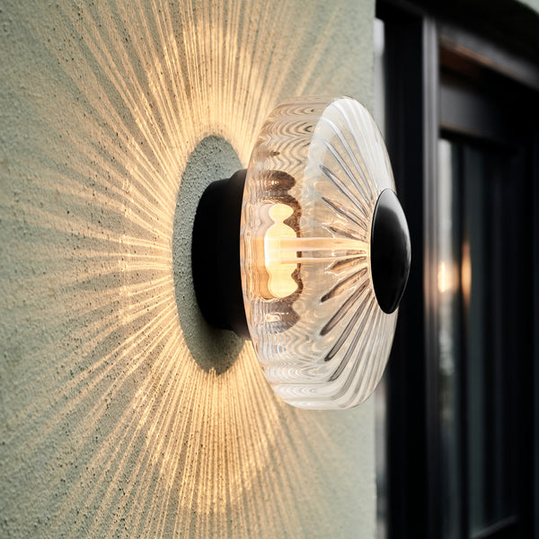 Applique d'extérieur LED New Wave Optic en verre, transparent et noir, Ø 26 cm, IP65, 2700 K, 8 W