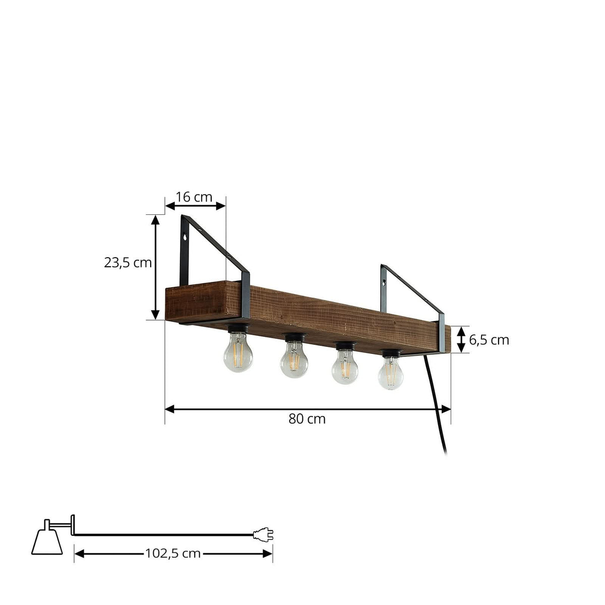 Applique murale Vatana en bois, 4 lumières, hauteur 23,5 cm