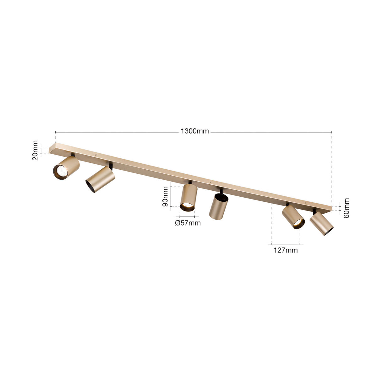 Schéma technique coté du plafonnier indiquant 1300 mm de longueur et 57 mm de diamètre