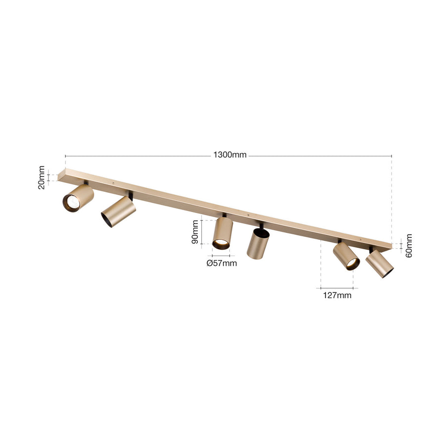 Schéma technique coté du plafonnier indiquant 1300 mm de longueur et 57 mm de diamètre