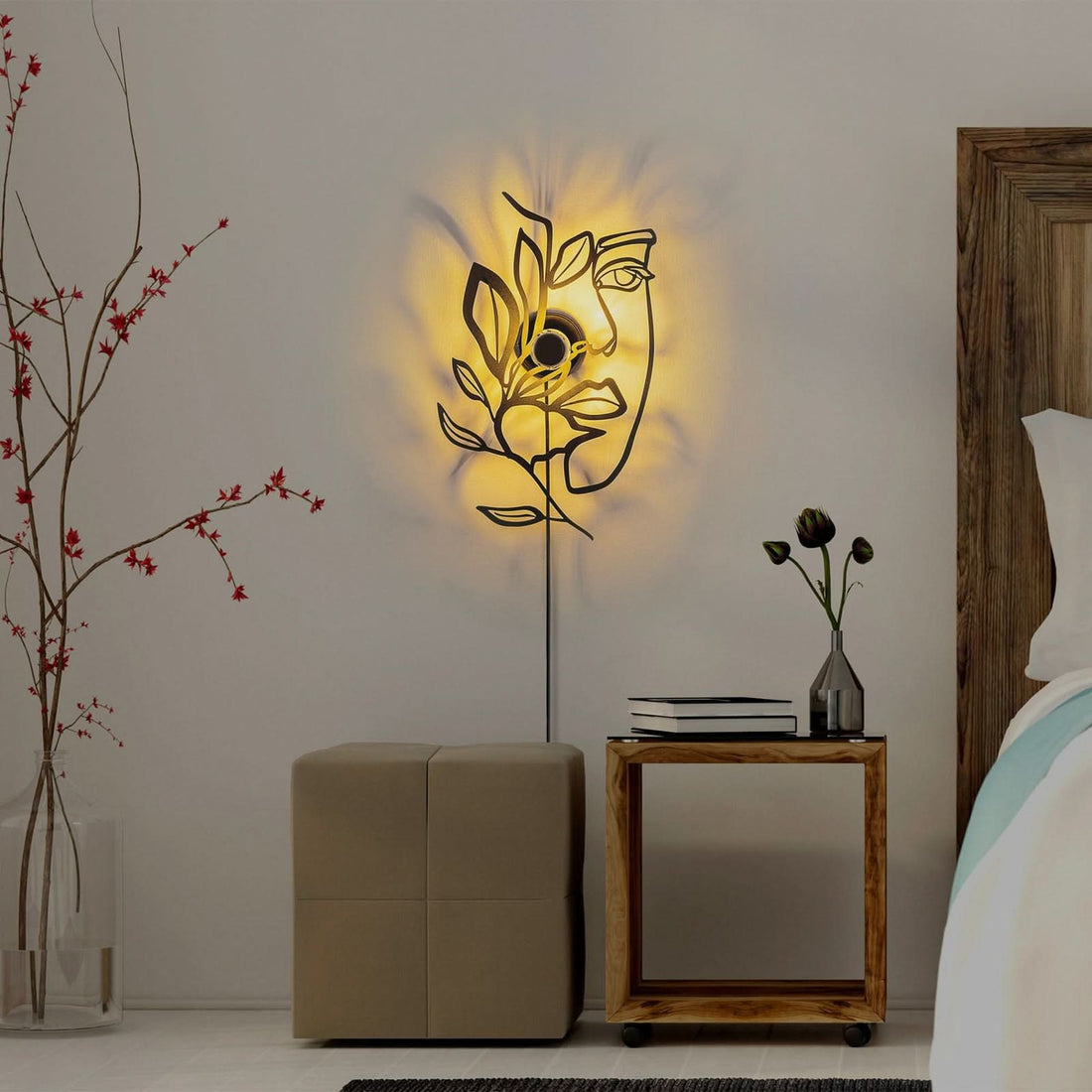 Applique murale Flower Faced en métal, noir, hauteur 54 cm