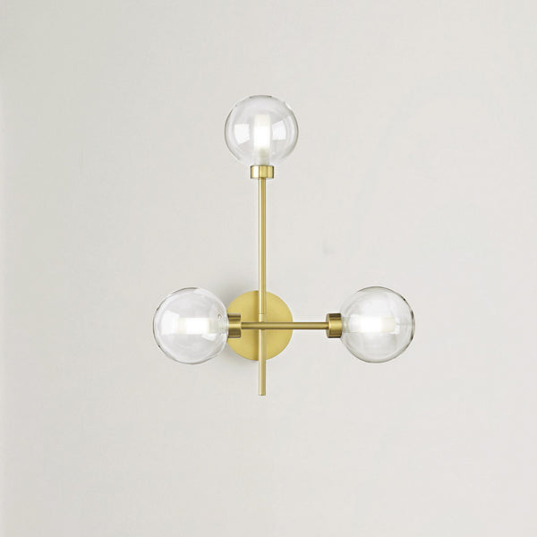 Applique murale Dom en laiton, doré brossé et transparent, 3 lumières, hauteur 48,5 cm