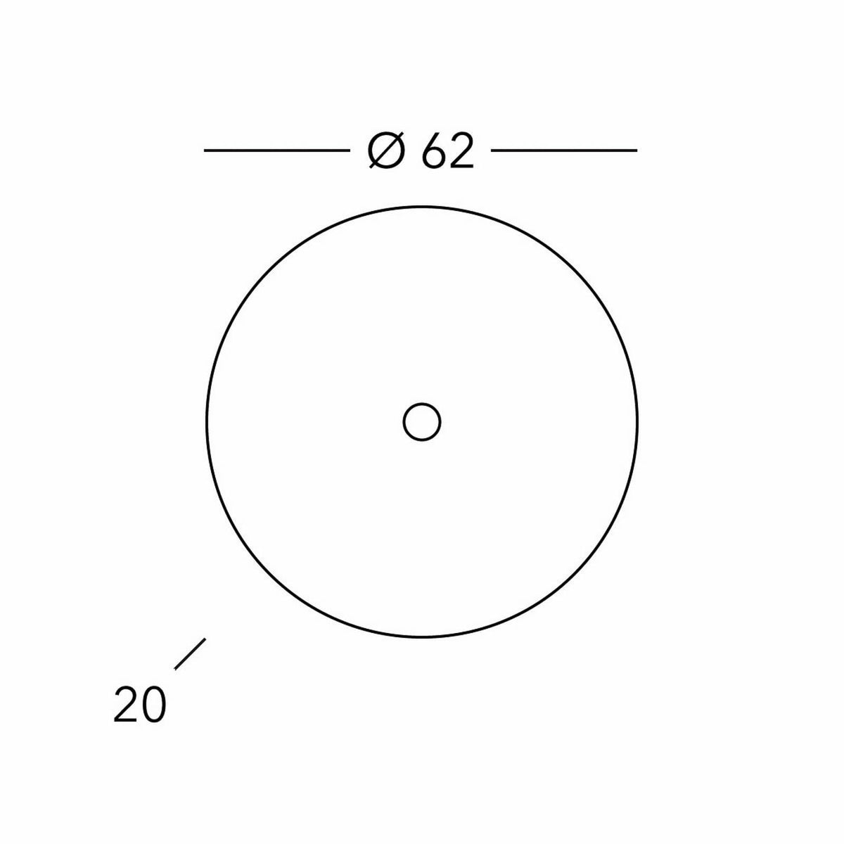 Schéma de dimensions indiquant un diamètre de 62 cm et une profondeur de 20 cm.