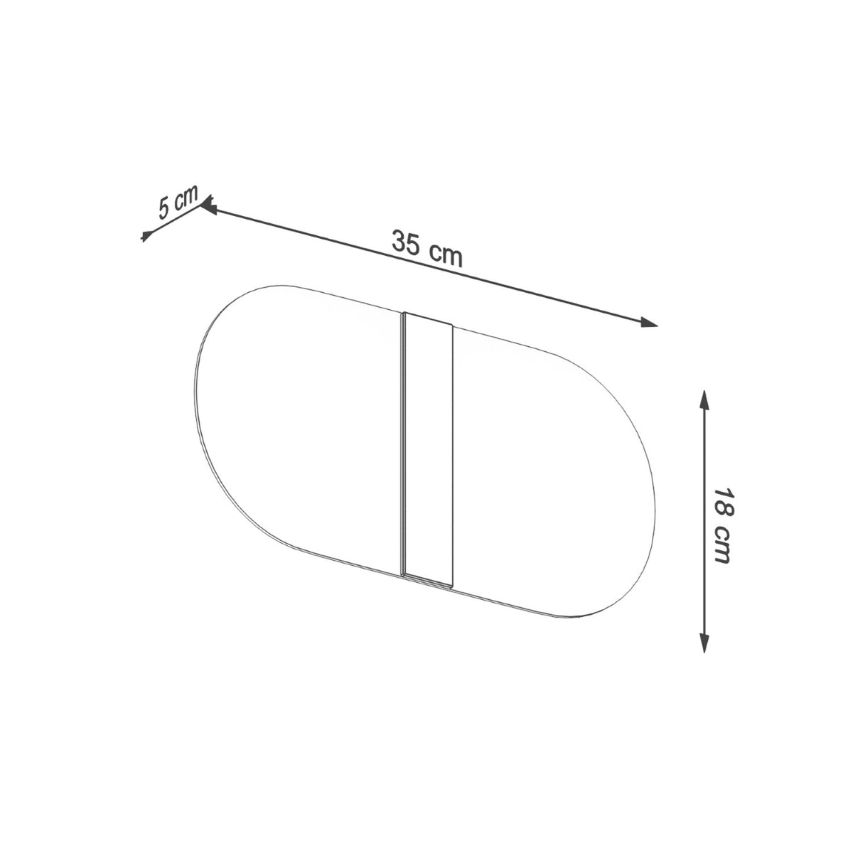 Schéma coté du luminaire, largeur 35 cm, hauteur 18 cm, profondeur 5 cm