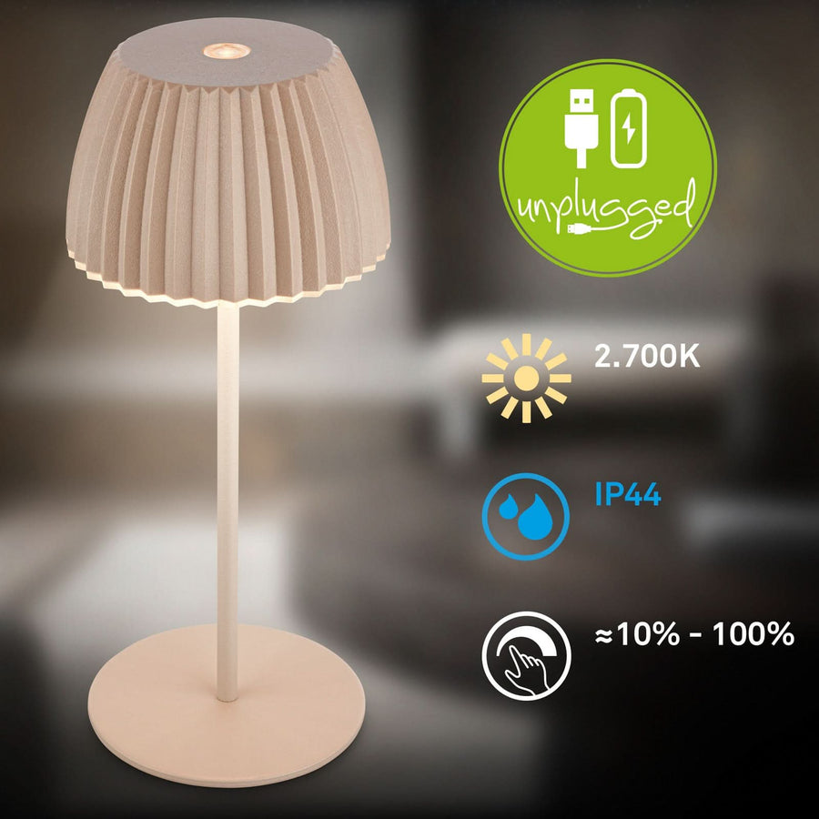 Lampe à poser d'extérieur LED rechargeable Brilo en métal, beige, Ø 8,5 cm, IP44