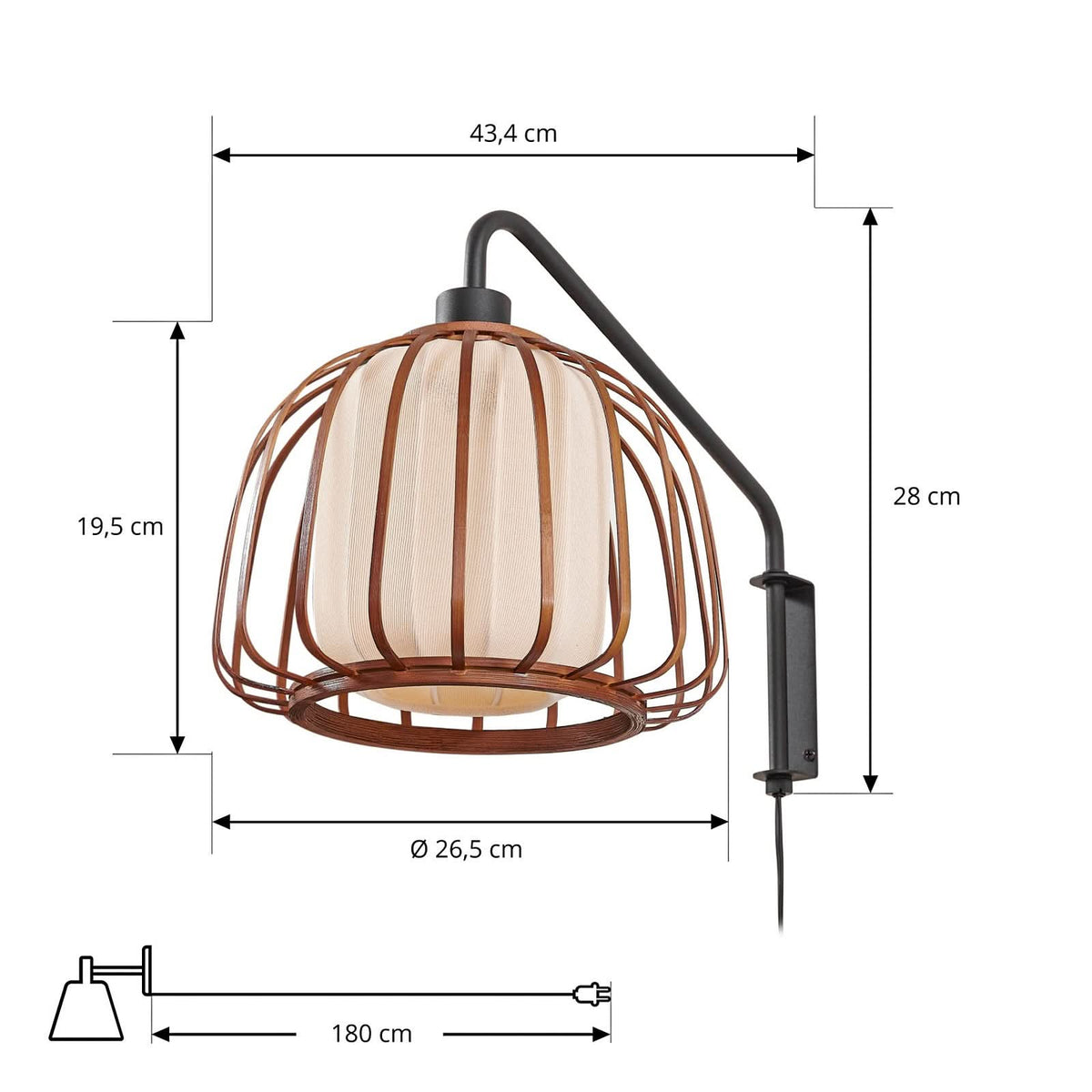 Applique murale Davella en bambou, bois et noir, hauteur 28 cm