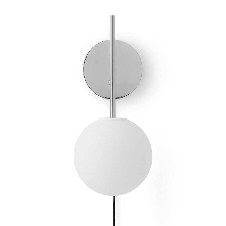 Vue de face sur fond blanc : platine ronde, tige verticale et globe en verre blanc.